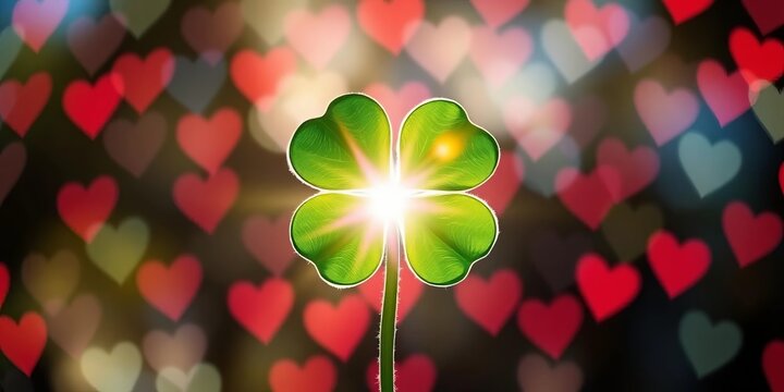 Four-leaf clover shape formed by lens flare, bokeh hearts, Valentine's Day background, four-leaf clover, festive