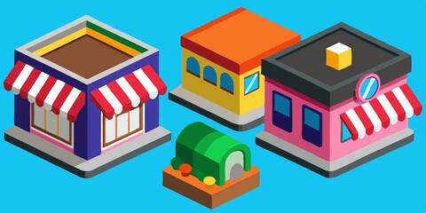 Architectural Ensemble: A vibrant collection of stylized buildings with captivating colors and unique designs, set against a serene background.