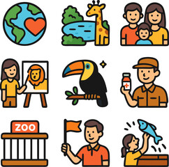 Collection of zoo icons suitable for websites, apps, and educational materials featuring various animal silhouettes and designs. Perfect for educational projects.