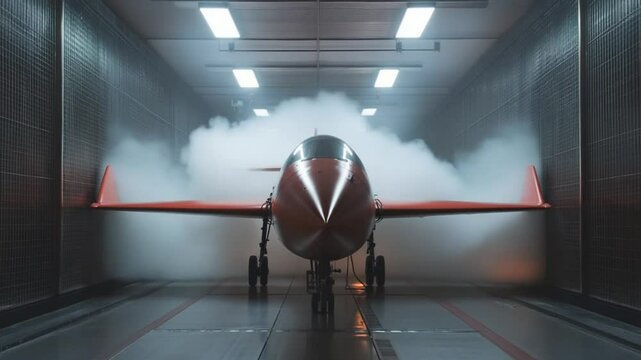 Sleek aircraft undergoing aerodynamic testing with smoke visualization in a wind tunnel