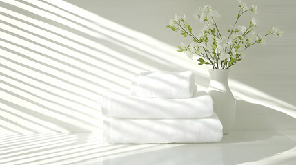 Stacked White Towels With Flowers Under Sunlight