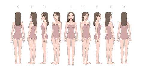 Full-length standing portrait in underwear. Nine angles figure front, 3 of 4, side, back views shape. Female body profile.