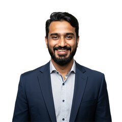 Portrait of a young, smiling Indian businessman in a dark blue suit and patterned shirt, looking confident and happy. Professional headshot against a transparent background.