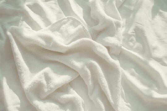 face towel used for drying face, white bedsheet background, natural lighting, truetolife color