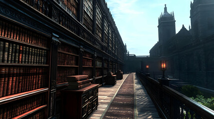 Pixelated Medieval Library Pathway With Stone Buildings