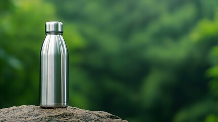 Stainless Steel Water Bottle On Rock Outdoor