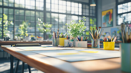 Bright Art Studio Interior With Supplies On Wooden Table