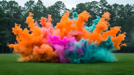 Colorful Explosion Of Smoke On Grass
