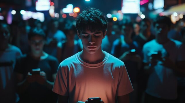 Crowd group of many young people looking at their smartphones, generation z technology addiction social media internet scrolling.