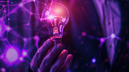 Businessman holding a bright light bulb. Concept of Ideas for presenting new ideas Great inspiration and innovation new beginning. Futuristic tone purple, neon color. Analyzing data