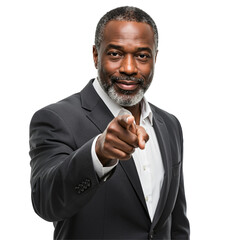 Confident mature African American businessman in a dark suit and white shirt pointing directly at the camera with a smile. Isolated on a transparent background, studio portrait.