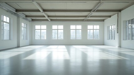 Empty, bright industrial space with large windows.