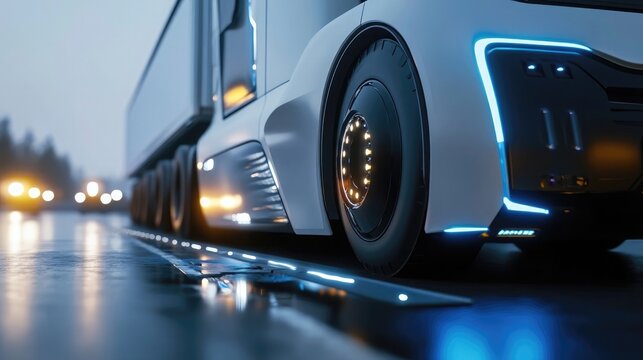 Close up of low-emission heavy-duty vehicles using alternative fuels and advanced technologies to reduce carbon emissions in freight, construction, and transport sectors