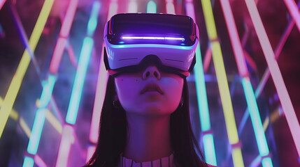 Young woman using glasses of virtual reality on dark background. Smartphone using with VR headset,virtual reality,future technology concept.Asian woman using VR glasses in colorful neon lights 