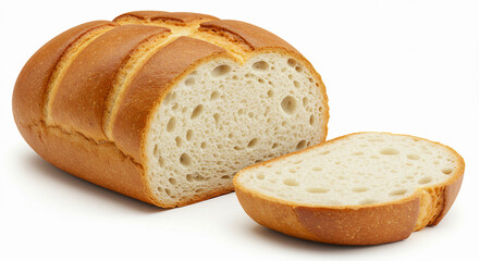 Brazilian p&atilde;o franc&ecirc;s with golden crispy crust and airy interior, clean cut showing real crumb texture, isolated on white background.
