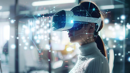 Metaverse technology concept. Woman with VR virtual reality goggles is working in the office. Futuristic lifestyle 