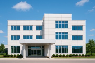 Modern Architectural Office Building Exterior with Clear Blue Sky and Green Landscaped Surroundings, Perfect for Business and Corporate Use