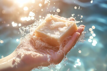 Fototapeta premium soap bar being held under water, bright daylight white space, uncluttered composition, minimalist layout