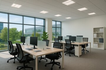 Modern and Bright Office Space with Workstations Featuring Large Windows and Greenery in a Professional Environment