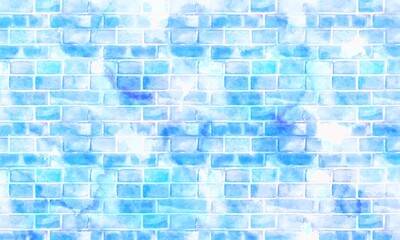 淡くて儚い透明水彩のブルーのレンガの背景壁紙★手描きイラスト