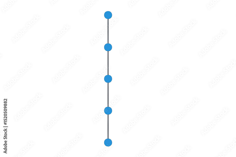 Poster minimalist vertical timeline with five blue dots representing milestones or progress, isolated on a 