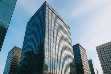Obraz premium Modern Architectural Design of Skyscrapers with Reflective Glass Facades Against a Clear Blue Sky