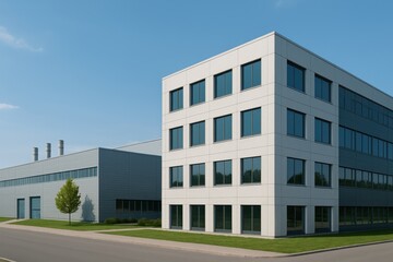 Modern Industrial Complex with Large Windows and Clean Lines Under Clear Blue Sky