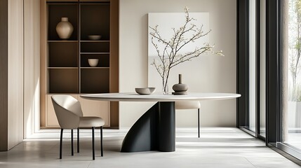 A minimalist dining room with an oval table and light beige chairs.