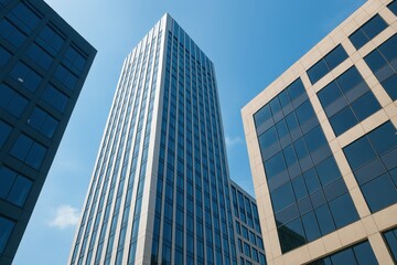 Skyscraper Viewed from Below Amidst Modern Architectural Buildings Against a Clear Blue Sky