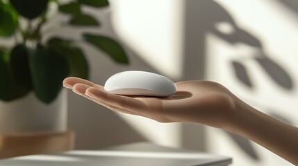 Fototapeta premium wireless mouse in hand near laptop, white wall and soft shadows, truetolife color, uncluttered composition