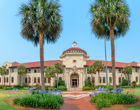 The Palm Tree-lined Entrance to the public university, Valdosta State University with water fountain in front., Valdosta, Georgia	
