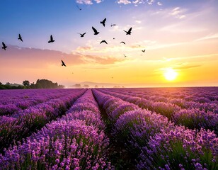 Obraz premium Sunrise over a lavender field with birds
