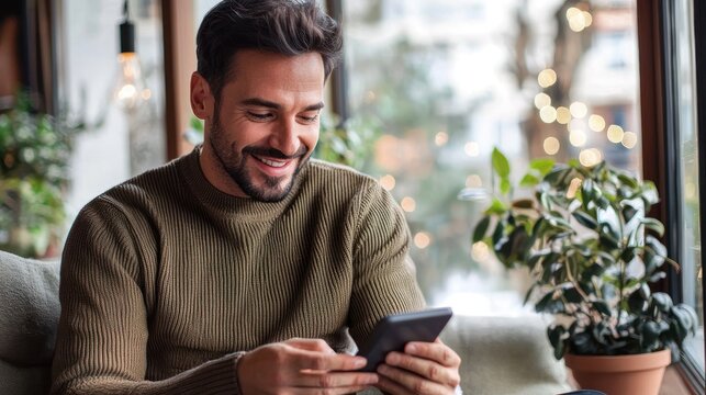 A man sitting in a cozy cafe, smiling and looking at his smartphone.