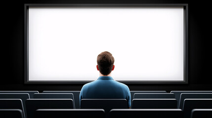 A man sits in a movie theater looking at a blank white screen ready for entertainment viewing.