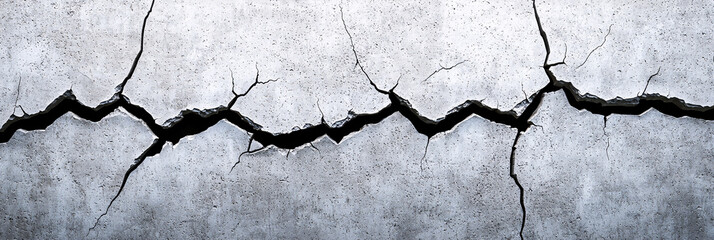 A long jagged crack splits the weathered gray concrete surface with smaller cracks branching out.