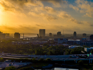 Aerial view of downtown Jacksonville at sunrise