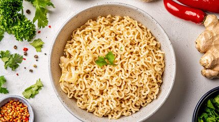 Delicious bowl of cooked noodles is presented on a white surface with fresh herbs and spices.