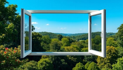 Opened white PVC window frame, lush green forest view, wildlife, open © Siravit