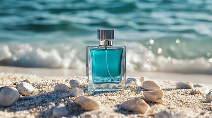 aqua-toned matte fragrance bottle standing in sunlit white sand, backdrop of blurred ocean waves, diagonal rays creating high contrast shadows, minimal scene with polished sea stones