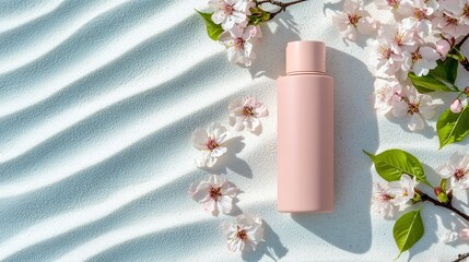 pastel pink matte fragrance bottle standing upright on white beach sand, surrounded by delicate cherry blossom petals, soft diagonal light casting gentle shadows, sweet and dreamy atmosphere