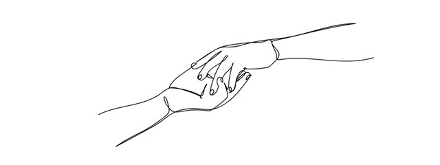 Continuous lines, two hands holding hands Line Art Vector Transparent Background Edit Stroke.