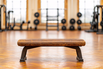A brown leather exercise bench sits in a classic style gymnasium with weights and equipment.