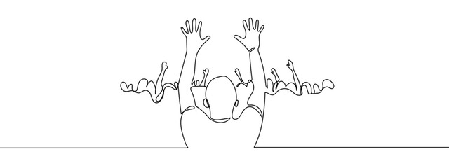Continuous line, group of people raising their hands in front of the stage at a concert, party. Line Art Vector Transparent Background Edit Stroke.