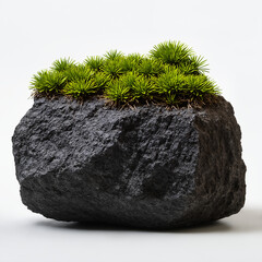 Dark Rough Stone with Green Moss Clusters, Natural Texture, Lichen Growth, Minimalist Background