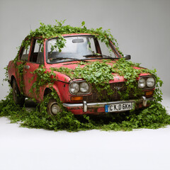 Abandoned Red Car Overgrown with Nature, Rusty Vehicle Covered in Vines and Leaves