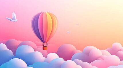 Colorful hot air balloon floating among fluffy clouds.