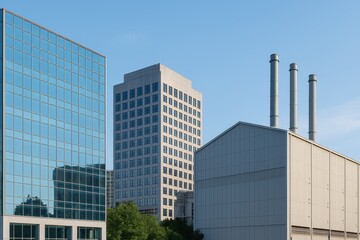 Obraz premium Modern Urban Landscape with Glass Buildings and Industrial Structures against a Clear Blue Sky