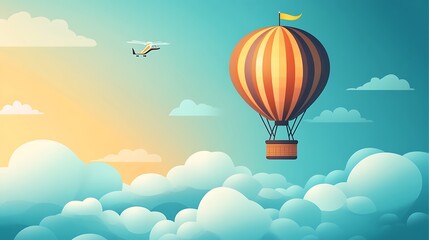 Obraz premium Hot air balloon and helicopter above the clouds at sunset.