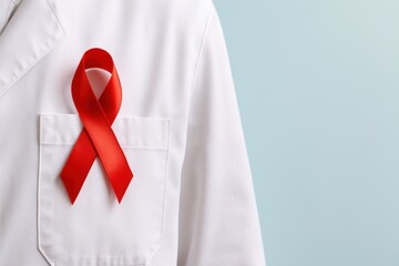 Red Ribbon Awareness Symbol on White Lab Coat for Health and Medical Campaigns Promoting Education, Prevention and Support for HIV and AIDS Community Issues