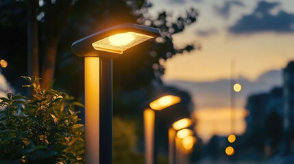Close up of smart lighting solutions for public spaces using motion sensors, solar-powered LEDs, and smart grids to improve energy efficiency, reduce costs, and enhance safety in urban areas